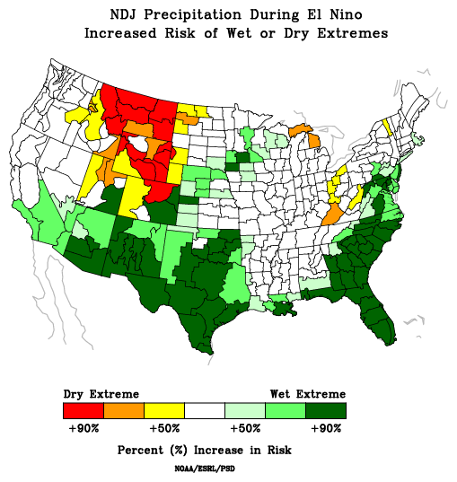 A map of the United States showing the percent increase in risk of extreme wet weather for November through January in years when an El Niño pattern was present in the Pacific. There in an increased chance of extreme wet weather for the southern states. 