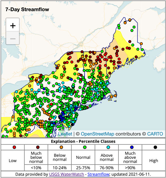 7-day average streamflow conditions for the Northeast U.S. as of June 11, 2021.