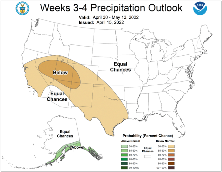 Climate Prediction Center week 3-4 precipitation outlook for the U.S., from April 30–May 13, 202.