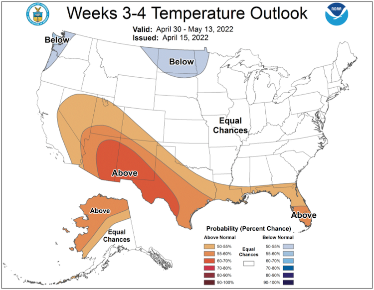 Climate Prediction Center week 3-4 temperature outlook for the U.S., from April 30–May 13, 2022. 