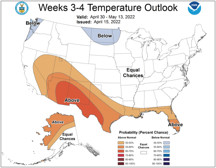 Climate Prediction Center week 3-4 temperature outlook for the U.S., from April 30–May 13, 2022.