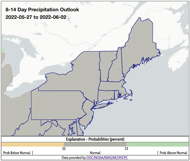 The entire Northeast DEWS region has a higher likelihood of near-normal precipitation conditions from May 27 to June 2, 2022.