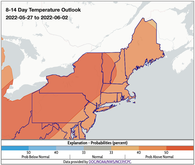 All of the Northeast has above-normal chances of higher-than-normal temperatures from May 27 to June 2, 2022.