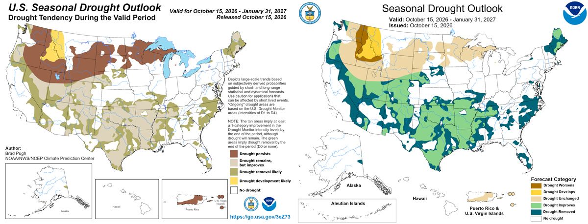 Two map images showing the old CPC seasonal drought outlook (top) and the new, redesigned seasonal drought outlook (bottom). The new outlooks features a streamlined display, new color scheme, and a new "drought worsens" category.