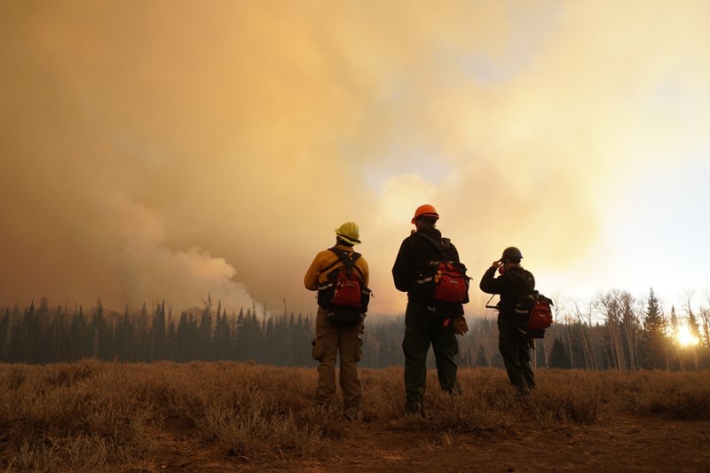 Firefighters in front of smoke from a wildfire