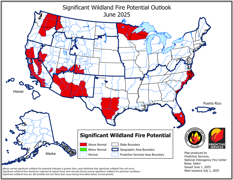 Above-normal significant wildland fire potential is expected across tribal lands in central and eastern Washington, northern and central Oregon, and northern Idaho in June; northwestern, central, and eastern Washington, central and eastern Oregon, northern, southwestern, and south-central Idaho, and western Montana in July; and all of the Pacific Northwest except eastern Idaho in August and September.