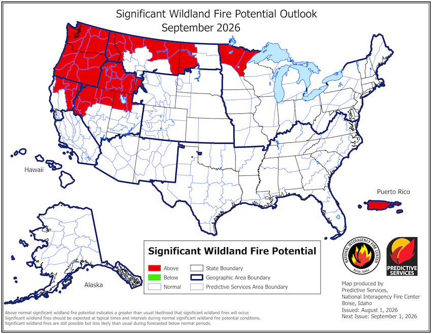 Map of the United States indicating above normal significant wildland fire potential for September 2026 in Washington, Oregon, Idaho, northern California, northern Nevada and parts of Montana. Other regions are expected to be normal.