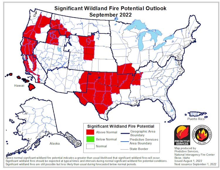 The National Interagency Fire Center predicts above-normal significant fire potential in northern California, parts of the central/southern Sierra and foothills, and the central California coast.