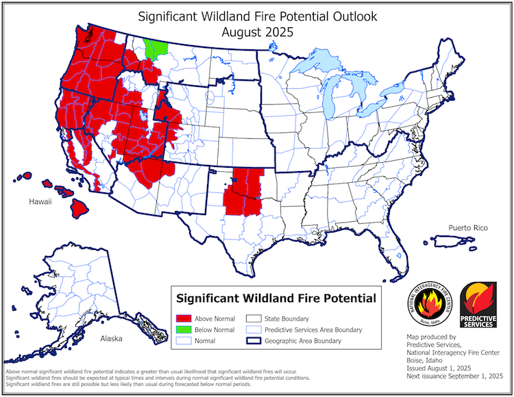 Significant wildland fire potential outlooks show above-normal potential in August in northern, central, and parts of southern California, as well as northern and eastern Nevada.