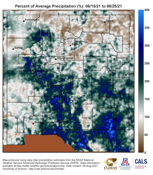Most of New Mexico has had above average rainfall, this summer. But that has not been consistent across the state. North eastern and north central NM have been slightly drier than normal.