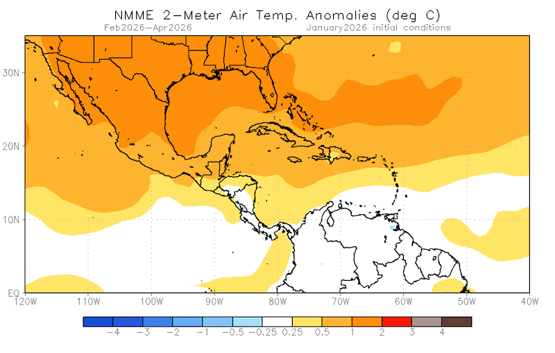 Se espera que las precipitaciones sean cercanas a lo normal en Puerto Rico y las Islas Vírgenes de los Estados Unidos, mientras que se prevé que las temperaturas por encima de lo normal persistan entre febrero y abril de 2026.
