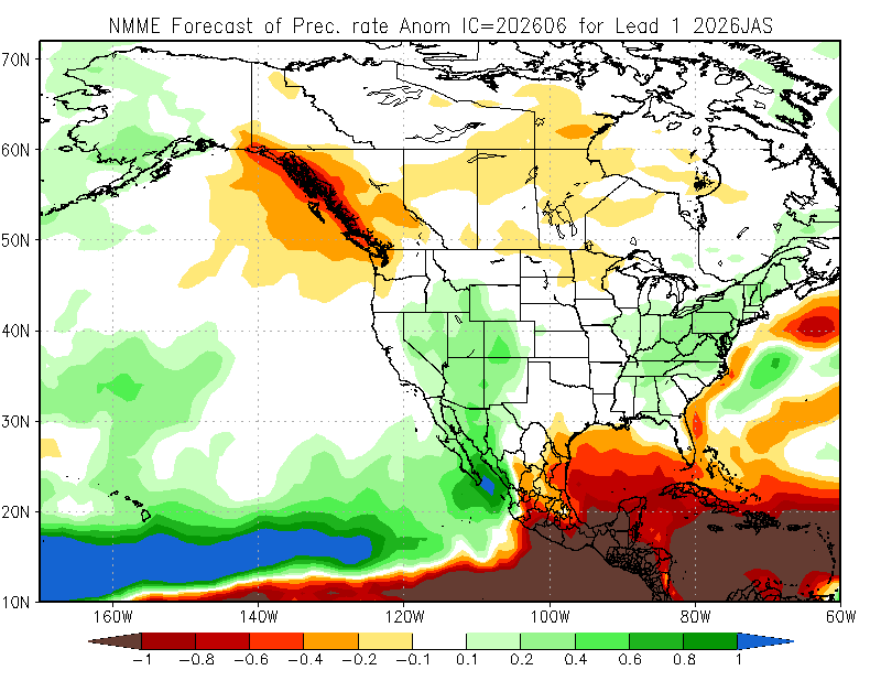 The multi-model ensemble forecast indicates widespread above-normal precipitation (shaded green) across much of the western United States, with the most pronounced wet anomalies centered over the Southwest and Intermountain West.