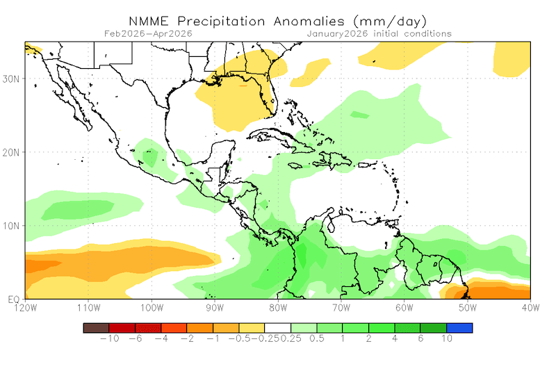 Se espera que las precipitaciones sean cercanas a lo normal en Puerto Rico y las Islas Vírgenes de los Estados Unidos, mientras que se prevé que las temperaturas por encima de lo normal persistan entre febrero y abril de 2026.