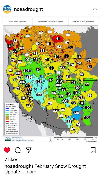 @NOAADrought Instagram post, showing a map of snow water equivalent across the western U.S. The post caption says "February Snow Drought Update."