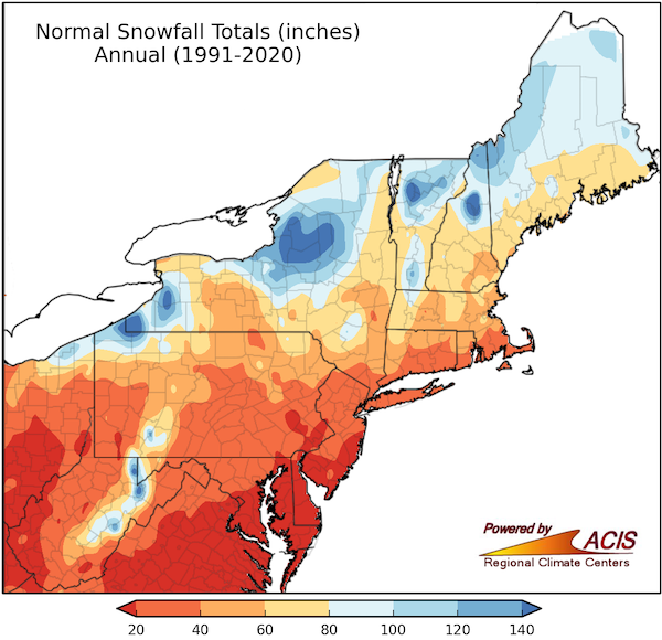 Normal annual snowfall totals (inches) for the Northeast.