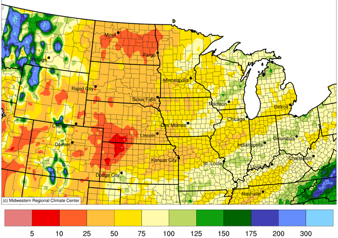 North Central U.S. map showing precipitation as a percent of normal for September 15 - December 14, 2020