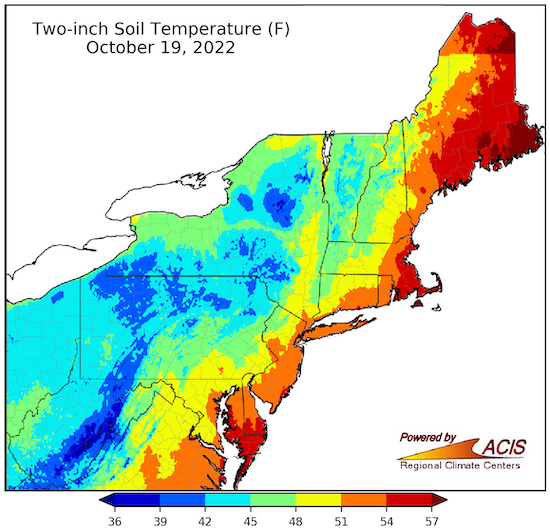 2-inch soil temperatures are 51 to 57+ degrees F in coastal areas of the Northeast, with temperatures between 39 and 51 degrees in the rest of the region.