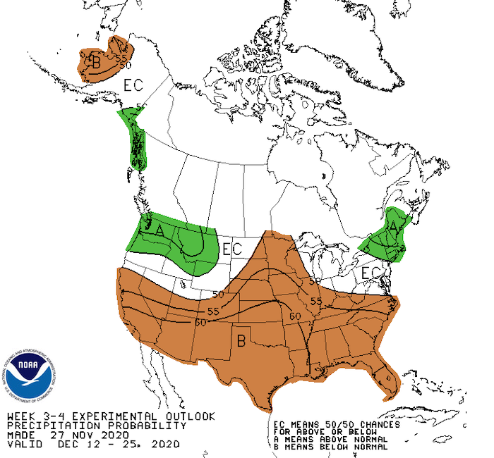 NOAA Climate Prediction Center week 3-4 precipitation outlook for the Northeast U.S. Below normal precipitation is projected across much of the Southern U.S. and above normal precipitation is expected in parts of the Northeast and Pacific Northwest.