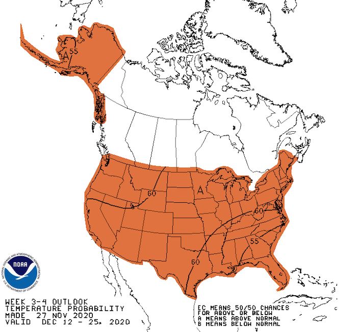 NOAA Climate Prediction Center week 3-4 temperature outlook for the Northeast U.S. Above normal temperatures are projected across the country.