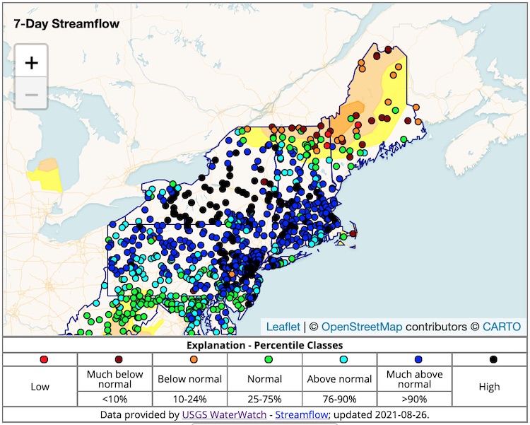 7-day average streamflow conditions for the Northeast U.S. as of August 26, 2021. Streamflows are normal to much above normal across most of the region, but parts of northern New Hampshire and Vermont and parts of Maine are below normal to much below normal.