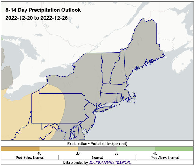 Except for far-western New York, odds favor near-normal precipitation across the Northeast from December 20 to 26.