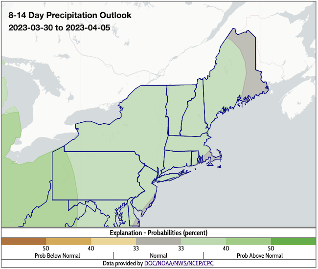 From March 30 to April 5, odds favor above-normal precipitation across the Northeast, except for far-eastern Maine, where near-normal conditions are favored.