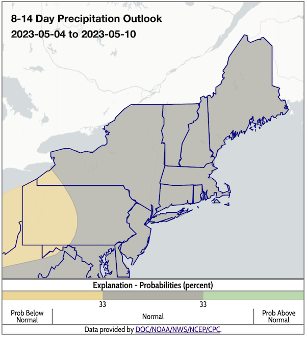 From May 4 to 10, there are equal chances of above- or below-normal precipitation across most of the region.