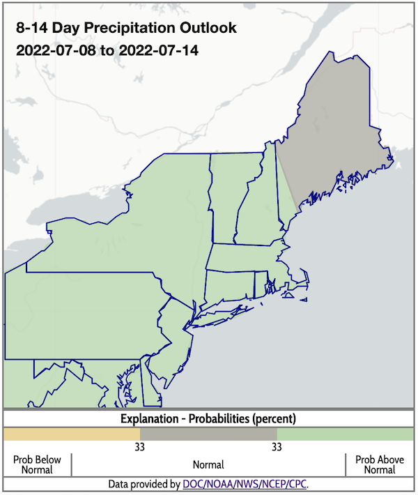 Above-normal precipitation is favored across the region, from New York through the southern border of Maine; in the rest of Maine, odds favor near-normal precipitation