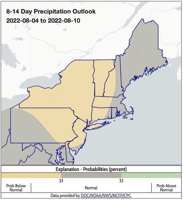 From August 4-10, odds favor below-normal precipitation for New York, most of Vermont, and eastern New Hampshire, Massachusetts, and Connecticut