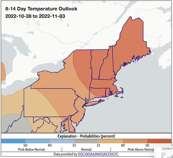 From October 28 to November 3, odds favor above-normal temperatures across the Northeast.