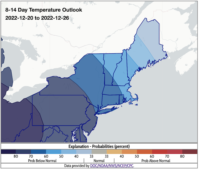 Odds favor below-normal temperatures across the Northeast from December 20 to 26.