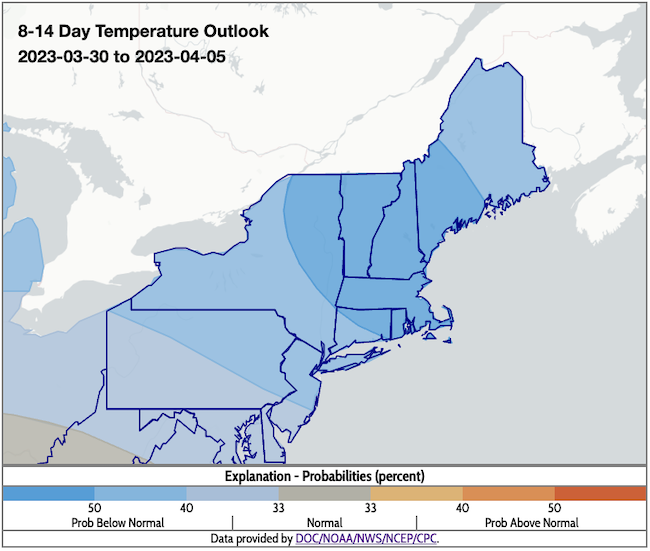 From March 30 to April 5, odds favor below-normal temperatures across the Northeast.