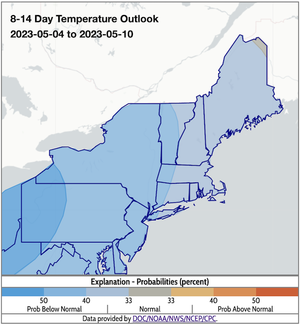 From May 4 to 10,  odds favor below-normal temperatures across most of the Northeast. 