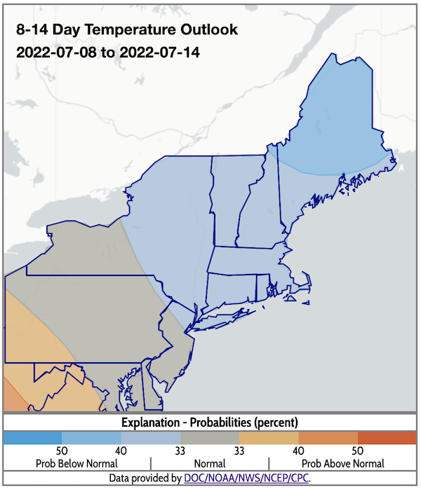 From July 8-14, odds favor below-normal temperatures across the Northeast DEWS, except for western New York, which has equal chances.