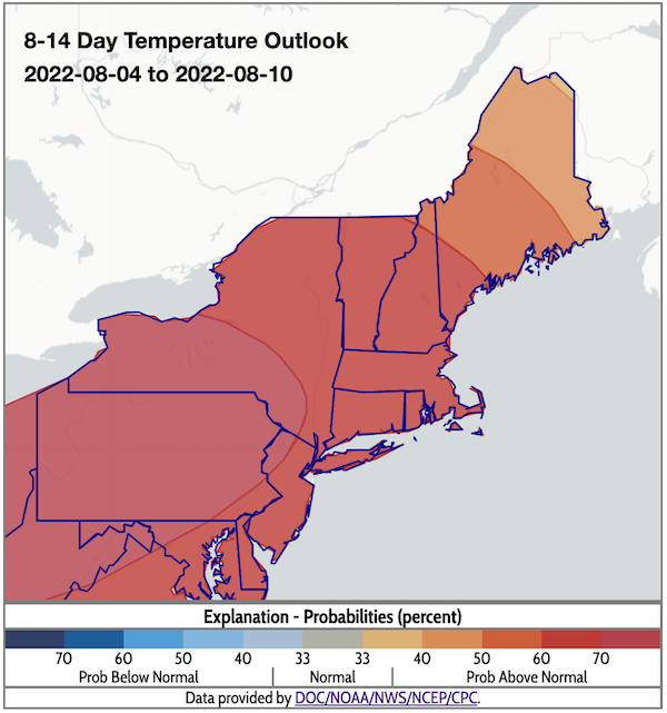 From August 4-10, odds favor above-normal temperatures across the Northeast.