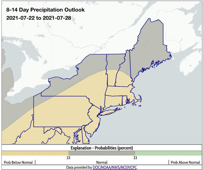 Climate Prediction Center 8-14 day precipitation outlook for the Northeast, showing the probability of above, below, or near normal conditions from July 22–28, 2021. Odds favor below-normal precipitation for CT, MA, RI, southern N and VT, and central and southern NY.