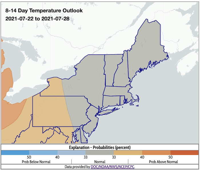 Climate Prediction Center 8-14 day temperature outlook for the Northeast, showing the probability of above, below, or near normal conditions from July 22–28, 2021. Except for far-western NY, odds favor near normal temperatures for the Northeast.