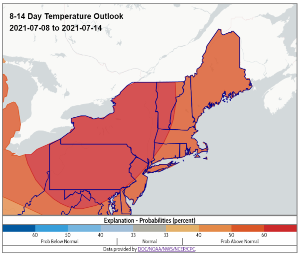Climate Prediction Center 8-14 day temperature outlook for the Northeast from July 8-14, 2021.
