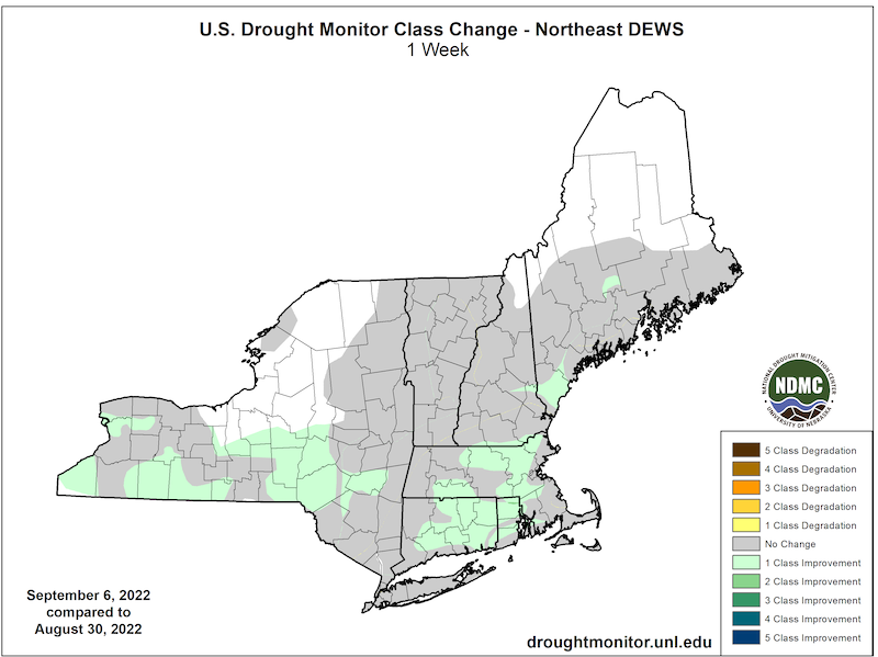 From August 30 to September 6, parts of the Northeast saw a 1 category improvement; elsewhere, drought conditions remained unchanged.