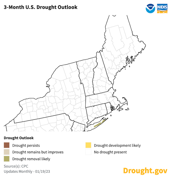 Through April 2023, drought is not predicted to develop in the northeast United States, and existing drought will be removed.