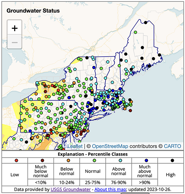 Groundwater levels are normal to above normal across much of the Northeast. The exception in western New York, state, where groundwater levels are below normal at several sites.