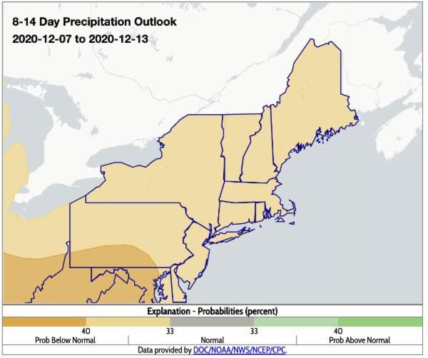 NOAA Climate Prediction Center 8-14 day precipitation outlook for the Northeast U.S. Below normal precipitation is projected for most of the region.