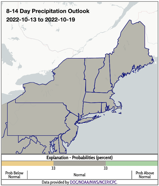 From October 13 to 19, odds favor near-normal precipitation across the Northeast.