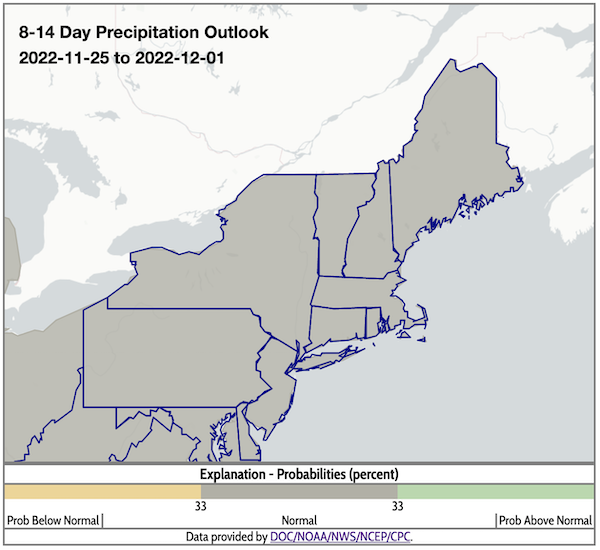 From November 25 to December 1, there are equal chances of above- and below-normal precipitation across the Northeast.