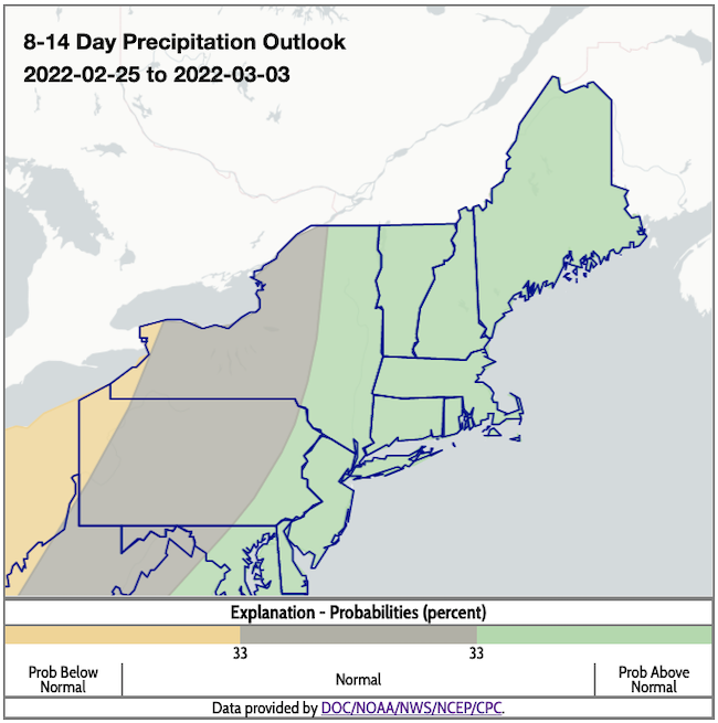 Climate Prediction Center 8-14 day precipitation outlook for the Northeast, showing the probability of above, below, or near normal conditions from February 25 to March 3, 2022.
