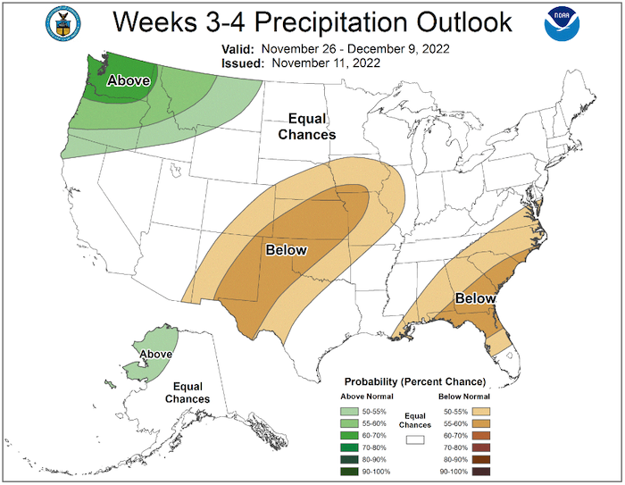 From November 26 to December 9, there are equal chances of above- or below-normal precipitation throughout the Northeast.