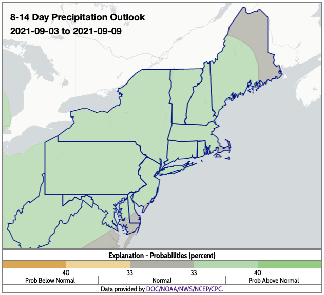 Climate Prediction Center 8-14 day precipitation outlook for the Northeast, showing the probability of above, below, or near normal conditions from September 3–9, 2021.