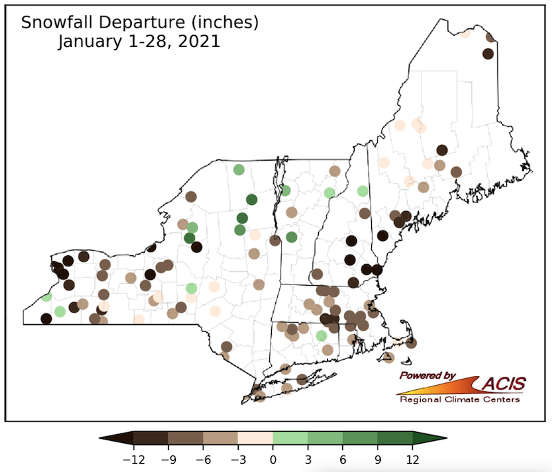 Snowfall departure from normal map of the Northeast DEWS, showing departure (in inches) from normal snowfall from January 1-28, 2021. Many areas had below-normal snowfall (some areas -12 inches ore more below normal) during this period, including parts of eastern and southern New York, Connecticut, Delaware, Vermont, and southern Maine. 