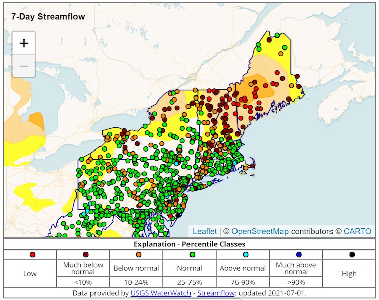 7-day average streamflow conditions for the Northeast U.S. as of July 1, 2021.
