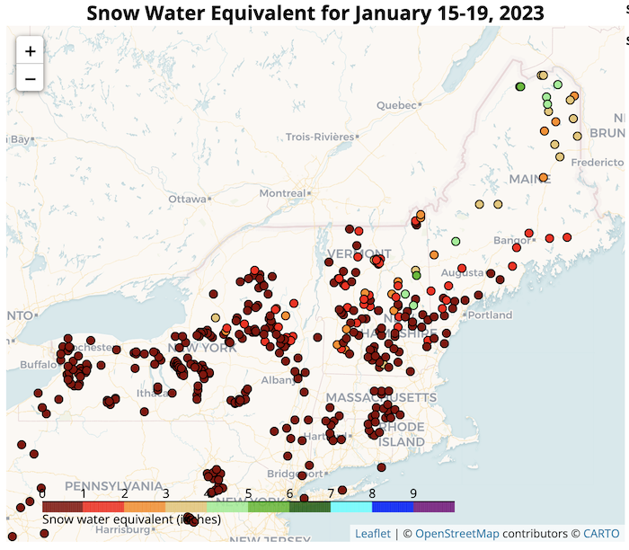 Snow water equivalent values are between 0 to 3 inches in much of the Northeast, except for some stations in New Hampshire and Maine.